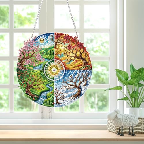 Bowetile Four Seasons Diamond Art Hanging Kits for Adults, Diamond Art Suncatchers Landscape, 5D Special Shape Diamond Painting Pendant Window Ornament Gifts for Home Wall Decor - color: Four Seasons