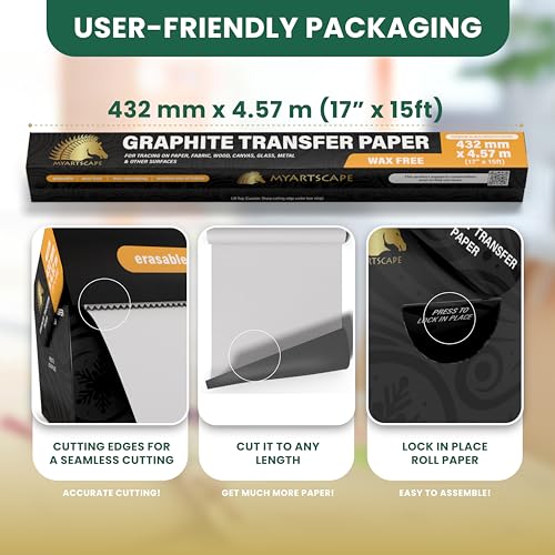 MyArtscape Graphite Transfer Paper Roll, Wax-Free, 17" x 15ft Paper Roll with Graphite Transfer Paper, 20 White Sheets - Erasable - Smudge-Free
