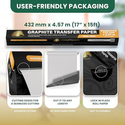 MyArtscape Graphite Transfer Paper Roll, Wax-Free, 17" x 15ft Paper Roll with Graphite Transfer Paper, 20 White Sheets - Erasable - Smudge-Free