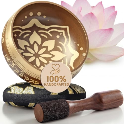 Silent Mind Tibetan Singing Bowl Set – Easy to Play & Beginner Friendly Meditation Bowl with Cushion & Mallet | Stress Relief & Mindfulness | Gift-Ready - color: Matte Gold, size: Without Case