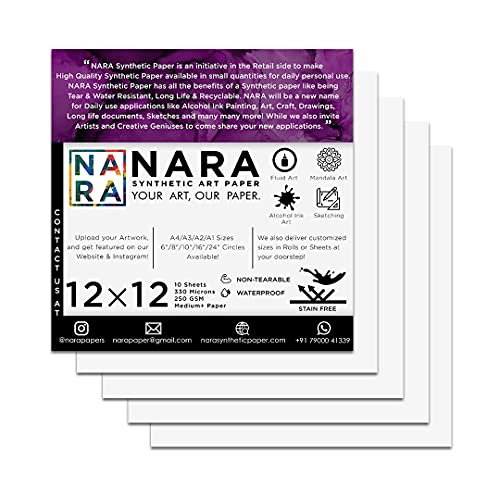 NARA Alcohol Ink Paper | White | 12 inches x 12 inches (12”x12”) | 330 microns/250 GSM | Medium+ Paper | 10 Sheets | Paper for Alcohol Ink Art Painting | 100% Stain-Free - color: White_Square_Paper Sheets_05