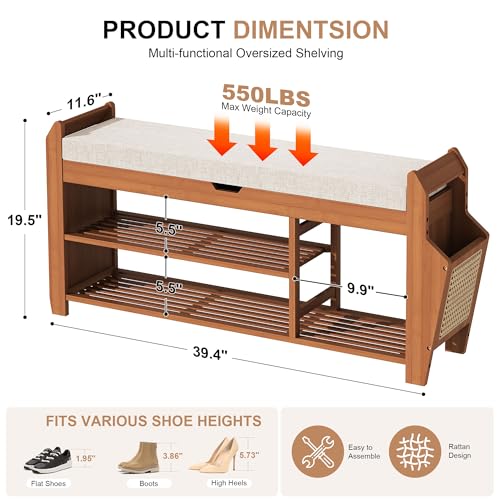 PETKABOO 39.4" Bamboo Shoe Rack Bench, 3-Tier Entryway Bench with Thick Cushion, Flip-Top & Side Storage, Holds Up to 550 LBS for Hallway, Living Room, Bedroom - color: 39.4"