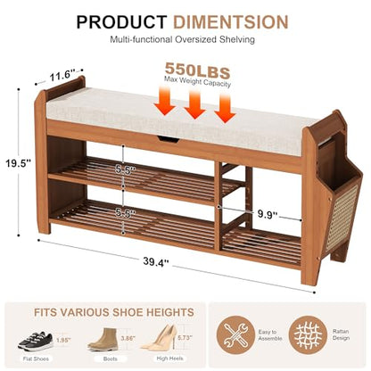 PETKABOO 39.4" Bamboo Shoe Rack Bench, 3-Tier Entryway Bench with Thick Cushion, Flip-Top & Side Storage, Holds Up to 550 LBS for Hallway, Living Room, Bedroom - color: 39.4"