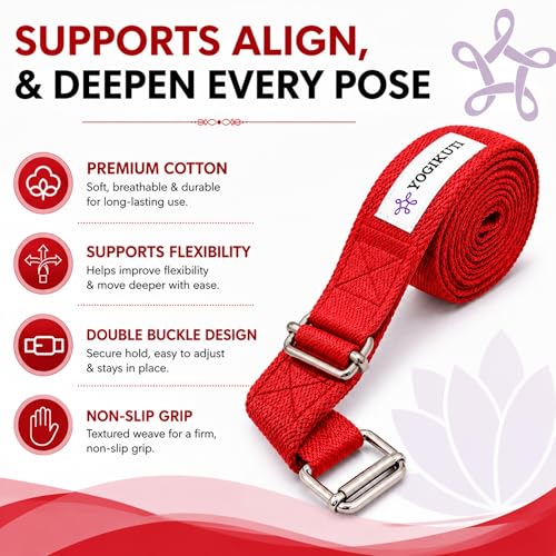 Yogikuti Double Buckle Yoga Strap - Adjustable Stretching Strap for Enhanced Flexibility in Yoga, Pilates, and Physical Therapy, Available in Various Colors and Lengths for All Fitness Levels - color: Red
