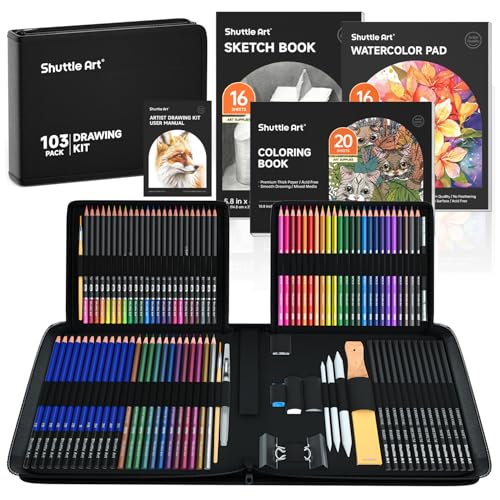 Shuttle Art 103 PCS Drawing Kit, Professional Drawing Supplies with Sketch, Charcoal, Colored, Graphite, Pastel Pencils & Sticks, Complete Drawing Tools and Paper Pads in Zipper Case for Artists&Kids