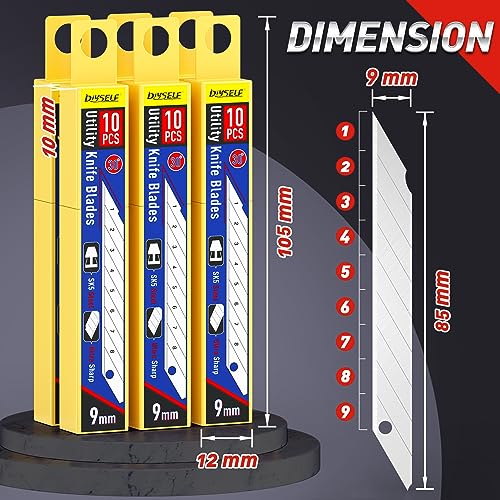 DIYSELF 50 Pack Utility Knife Blades, 9mm Snap Off Blades (30°) | Razor Knife Box Cutter Blades Refills for Detail Cutting, Segmented Edge, Precision Trimming for Paper, Vinyl, Film, Crafts - size: 50-Pack(30°)