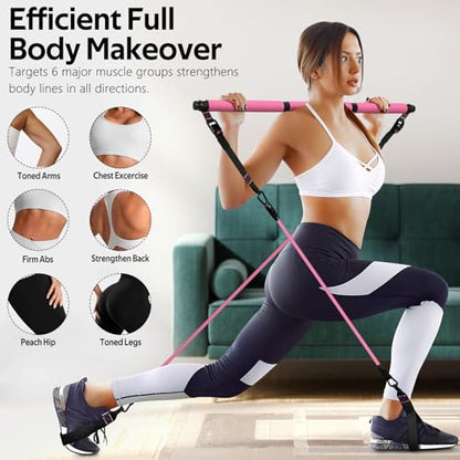 Pilates Bar Kit with 6 Latex Resistance Bands, Adjustable Exercise Bar - color: Pink