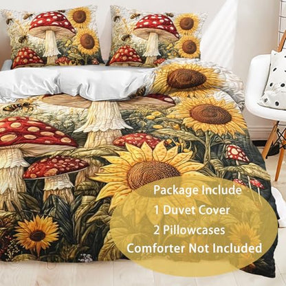 AILONEN Mushroom & Sunflower Duvet Cover Set King Size,Cartoon Flower Bee Quilt Cover with 2 Pillowcases, Soft Breathable 3Pcs - color: Mushroom110, size: King