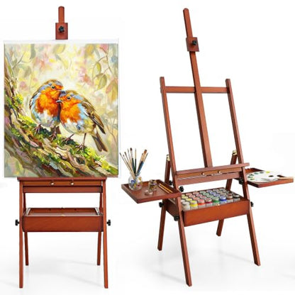 Painting Easel Stand with Storage, 57"-72" Height Adjustable Art Easel | Foldable beech wood easel with drawer trays,H-frame artist easel stand for painting,Wooden floor easel holds canvas up to 36" - color: Warm Walnut