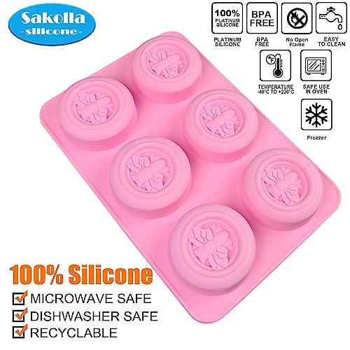 Sakolla 2 Pack Silicone Soap Molds, 6 Cavity Round Honeybee Silicone Molds for Homemade Soaps, Lotion Bar, Jello, Bath Bomb, Beeswax, Resin, Chocolate and Dessert (Pink) - color: Round Bee/Pink