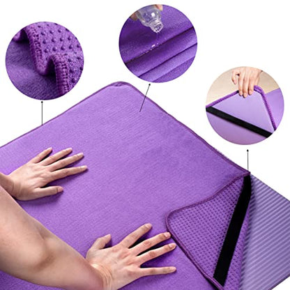 POLYTE Microfiber Non Slip Yoga Mat Towel, Secure Elastic Straps, 24x72 in - color: Purple