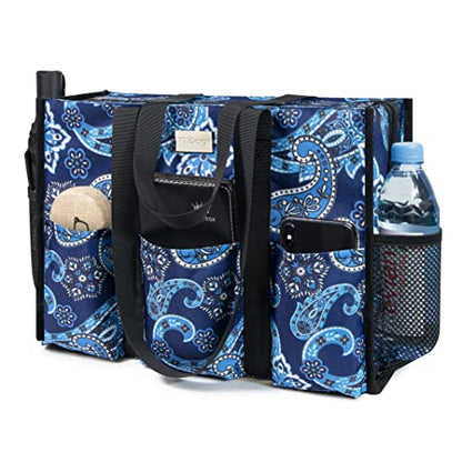 TOPDesign Utility Water Resistant Tote Bag with 13 Pockets, Zipper Closure - color: Blue Bandanna, size: Medium