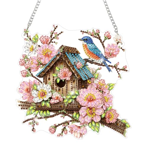 MAXBYE Bird House Flowers Diamond Art Painting Kits for Adults Beginners Hanging Pendent, DIY 5D Special Shaped Crystal Diamond Painting Kits Ornament for Gift Home Wall Door Decor 8×8 Inch - color: Bird House Flowers