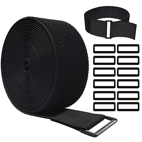 16Ft x 2In Adjustable Cable Straps with 12 Buckles, Free Cut Length, Black Reusable Fastening Cable Ties, Hook and Loop Securing Strap for Cable Tidy, Wire Management, Cord Organiser, Black - color: Black, size: 16Ft x 2In