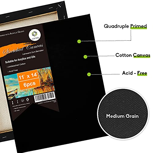CONDA 11x14 inch Black Stretched Canvas, Pack of 6, 100% Cotton, 8 oz Gesso-Primed, 5/8 Inch Profile Value Bulk Pack for Acrylics, Oils Painting - size: 11"x14" 6 Pack