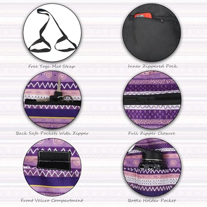 Large Yoga Mat Bag Yoga Bags and Carriers Fits All You Stuff Yoga Tote Bag with Yoga Mat Strap, Elastic Pockets and Zipper Pockets - color: purple pink