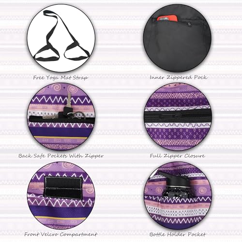 Large Yoga Mat Bag Yoga Bags and Carriers Fits All You Stuff Yoga Tote Bag with Yoga Mat Strap, Elastic Pockets and Zipper Pockets - color: purple pink