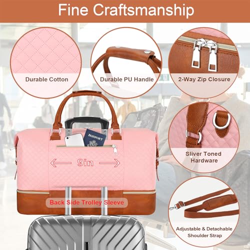 ITIEZY Weekender Bag for Women 21.5" Travel Duffel Large Carry On Bag 3PCS | Nylon Duffel Bag with Waterproof Shoe Compartment, Crossbody Bag and Toiletry Bag, Travel Weekend Hospital Overnight Gym Bag - color: 3-Pink