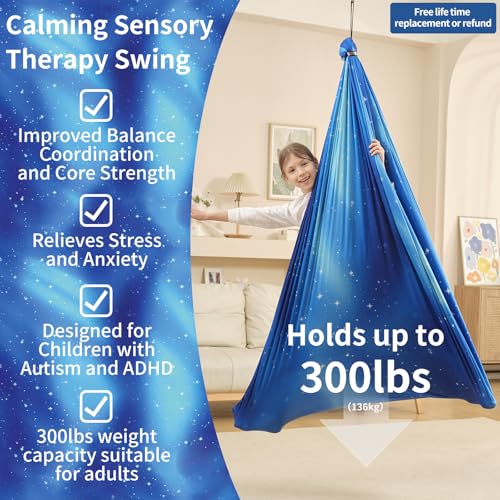 Sensory Swing for Kids Indoor & Outdoor Double Layer Therapy Cuddle Hammock Chair with 360 Swivel Hanger Kit Adjustable Swing for Child and Adult with Aspergers Autism ADHD (Star Blue) - color: Blue