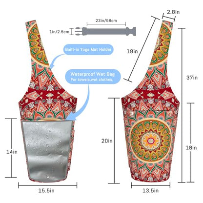 Mandala Yoga Mat Bag with Large Waterproof Zipper Pocket and Drawstring Pocket Long Tote Yoga Mat Carrier Holder Bags Fit Most Size Mats - color: Red