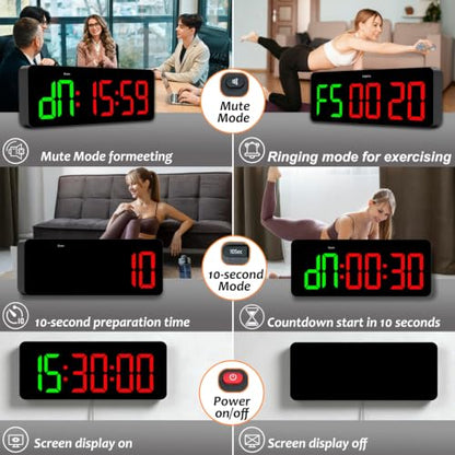 Gym Clock Timer for Tabata/FGB/EMOM Interval Workout | Large LED Display, Digital Wall Clock with Seconds, Remote Control, For Classroom Home Garage Office - color: Green