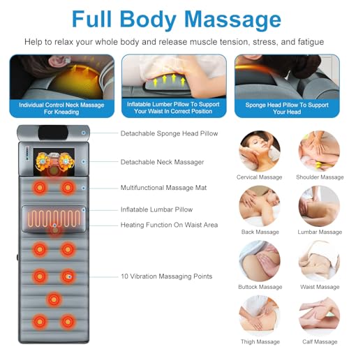 Full Body Massage Mat with Heat, Gifts for Mother Mom, Vibration Massage Pad for Bed, 10 Vibration Motors 3 Timers, Back Mattress Chair Pad with Neck Massager Lumbar Pillow - size: 68.9x14.57x8.57in