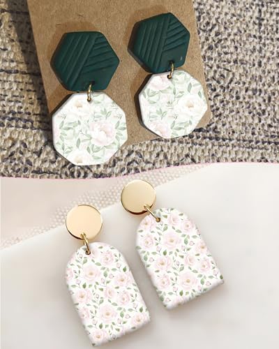 Puocaon Flower Clay Transfer Paper - Pink Green Transfer Sheets for Polymer Clay Earrings Jewlery Flower Design - color: green pink flower