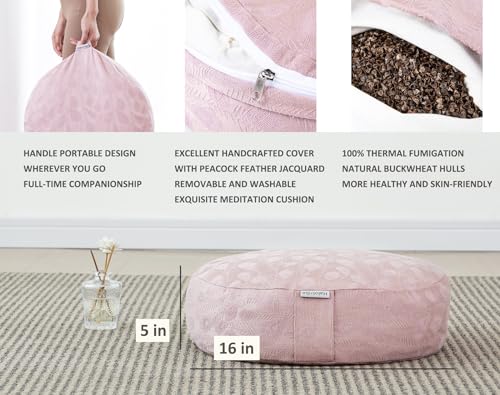 Meditation Cushion, Comfortable Meditation Pillow with Peacock Feather Jacquard Cover. Buckwheat Hull Filled Zafu Floor Pillow 16 * 16 * 5 in - color: Pink