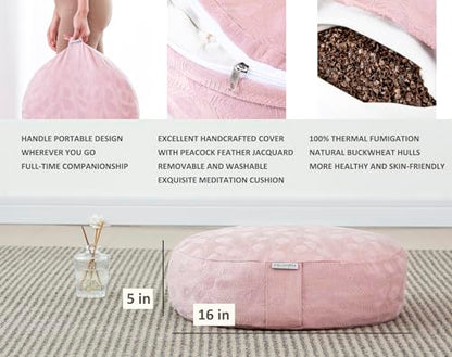 Meditation Cushion, Comfortable Meditation Pillow with Peacock Feather Jacquard Cover. Buckwheat Hull Filled Zafu Floor Pillow 16 * 16 * 5 in - color: Pink