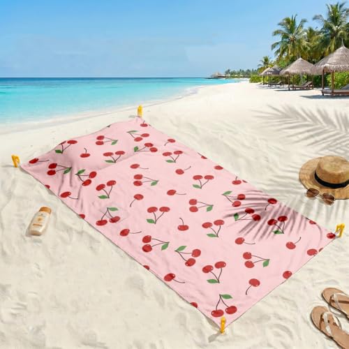 Cherry Beach Towel Blanket with Inflatable Pillow and Pocket, Sand Free Towel Oversized 35.4'' × 78.7'', Windproof Beach Mat with 4 Windproof Anchor & Carry Bag for Travel, Camping, Hiking (Cherry) - color: Cherry
