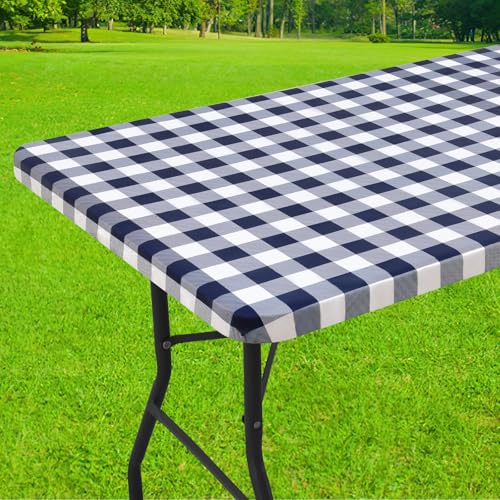 Smiry 4 Foot Picnic Table Cloth, Flannel Backed Fitted Vinyl tablecloths | Waterproof Elastic Rectangle Tablecloth ,Buffalo Plaid Table Covers for Dining, Camping, Outdoor (Navy and White, 24" x 48") - color: Navy and White, size: 48" x 24" (Rectangular)