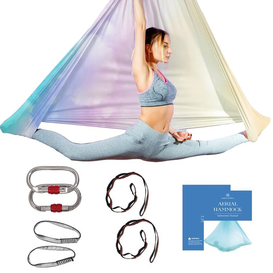 Aerial Yoga Hammock Swing, 4.5 Yards, Aerial Silks with Hardware | Knitted fabric with extension straps and a pose guide for aerial yoga, home gym and studio practice, suitable for all levels - color: Sunset-Ombre, size: 4.5 yards