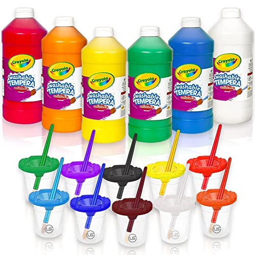 Kids Painting Set, Bulk Washable Paint for Toddlers & Cups Gift Bundle | Bulk Tempera Paint 6 Colors, 16 oz Ea, 6 No Spill Paint Cups, 6 Paintbrushes, Great Non-Toxic, Mess-Free Classroom Supplies