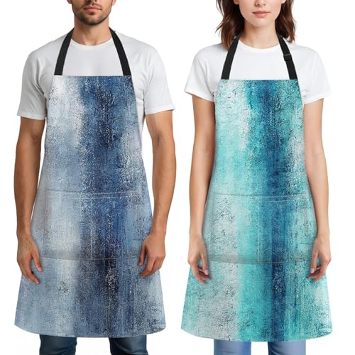 Apron with Pockets, 32x28 inch, 2 Pack, Teal Blue | Abstract Oil Paint Adjustable Bib with Pockets for Women Men Couple Lovers Chef Home Baking Gardening - color: Teal Blue