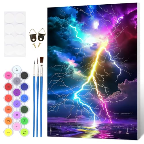 HEIBAGO Framed Paint by Numbers Kit Colorful Lightning for Adults, Paint by Numbers for Adults Beginner, Adult Paint by Number Kits on Canvas, DIY Painting by Numbers for Gift Home Wall Decor 8 x 12In - color: Colorful Lightning