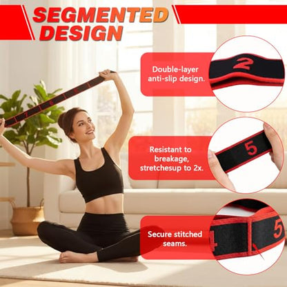 Fitness Stretch Belt, 8 Loop Resistance Band Elastic Training Strap with Numbered Markings for Full Body Workout Physical Therapy, Pilates, Dance & Home Fitness - color: Red & Pink