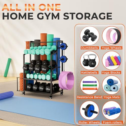 Dumbbell Rack Weight Stand - Adjustable Weight Rack for Dumbbells, Home Gym Storage Rack for Yoga Mat Foam Roller Kettlebells, Workout Equipment Storage Organizer With Wheels