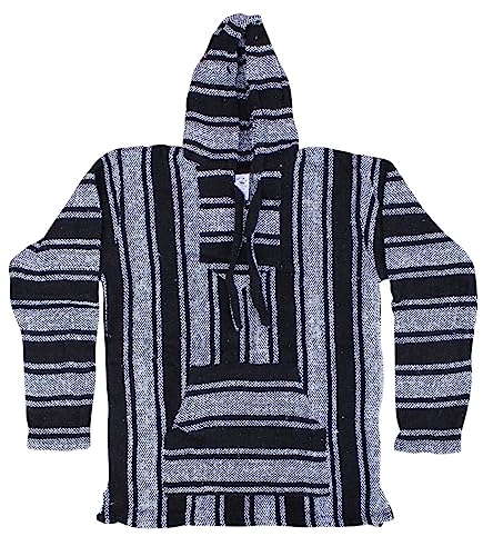 Del Mex Mexican Baja Hoodie Hippie Surf Poncho Sweater Sweatshirt Pullover Jerga - color: Black/White, size: Large