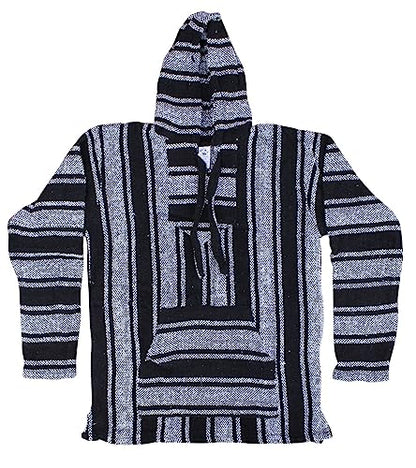 Del Mex Mexican Baja Hoodie Hippie Surf Poncho Sweater Sweatshirt Pullover Jerga - color: Black/White, size: XX-Large