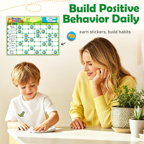 Magnetic Reward Chart for Kids, Customizable Dry Erase Weekly Chore Chart - size: 1 Kid-Dinosaurs