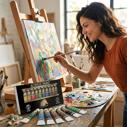 MyArtscape Heavy Body Acrylic Paint Set - 12 x 12ml Acrylic Paint | Rich pigment heavy body acrylic paint for canvas wood fabric with smooth blending and high opacity