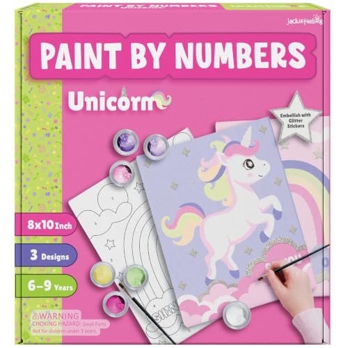 jackinthebox Paint by Numbers Unicorn Craft Activity for Girls for Ages 6–9 | Easy paint-by-number activity with 8X10 inch 3 unicorn canvas design,art & craft painting kit Gift for creative kids ages 6-9