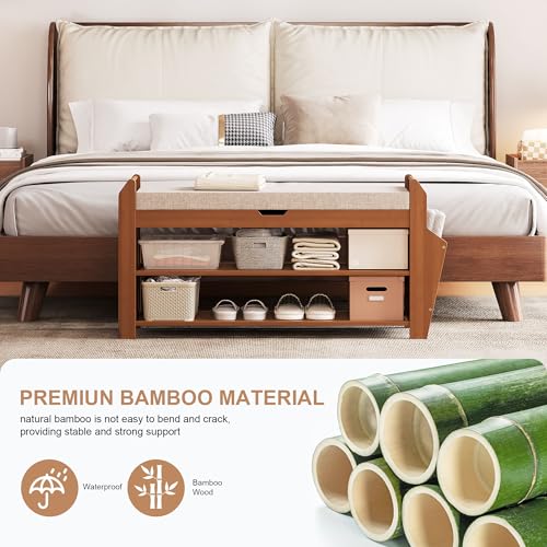 PETKABOO 31.5" Bamboo Shoe Rack Bench with Storage, 3-Tier Entryway Bench with Thick Cushion, Flip-Top & Side Baskets, Holds Up to 550 LBS for Hallway, Living Room, Bedroom - color: 31.5"