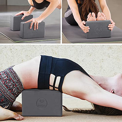 IUGA Yoga Blocks 2 Pack With Strap Non Slip High Density 9"x6"x3" Solid & Cork Yoga Block With Yoga Strap to Improve Strength Balance for Yoga Pilates Meditation
