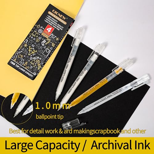 Qionew Gold Gel Pens, 1.0mm Gold Gel Pen Set,Gel Pen for Artists, 4 Pack | Gold Opaque Ink Pens, Gel Pen for Artists, for Black Paper Drawing, Bullet Journaling, Card Making, Art Highlight - size: 1.0 mm, style: Gold