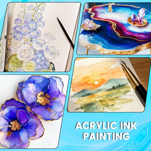 Acrylic Ink - 54 Colors Alcohol Ink Set, Quick Dry Acrylic Drawing Inks | for Artists, Pearl Colors Long Last Epoxy Dye for Resin Art, Painting, Petri Dish Making, Quick Blending