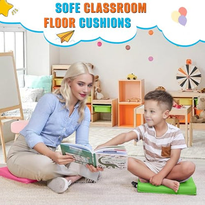 8 PCS 16 Inch Square Floor Pillows with Handles | Waterproof Synthetic Leather Flexible Seating Cushions | 16''x16''x2'' Thick Floor Cushions for Classroom, Home, Yoga & Meditation - color: Yellow, Red (Maroon), Light Pink, Sky Blue, Bright Pink (Fuchsia)