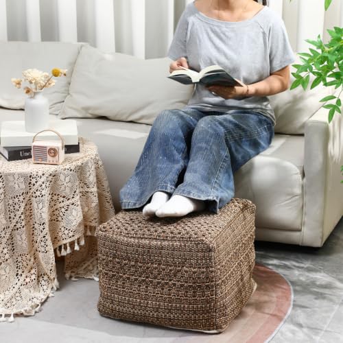 STOBAZA Square Pouf Cover, Cotton Ottoman Slipcover, 15.74-Inch, No Filler - color: Khaki