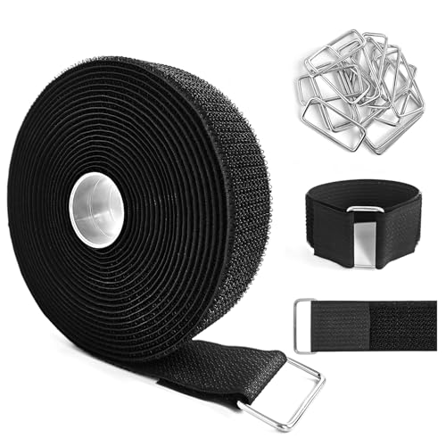 1.5" x16ft Hook and Loop Straps with Metal Buckles, Molle Cable Straps, Adjustable Fastening Cinch Strap, Reusable Nylon Securing Cord Ties, 1.5 inch Wide, Black with 15 Buckles - color: 1.5"x16ft, 15 Buckles