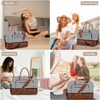 Large Women Travel Weekender Bag: Carry on Duffle with Shoe Compartment | Overnight Duffel Bags with Wet Pocket, Crossbody & Toiletry Bag, 3PCS Womens Traveling Tote Set for Hospital Gym Weekend Trip - color: 02 Black Striped